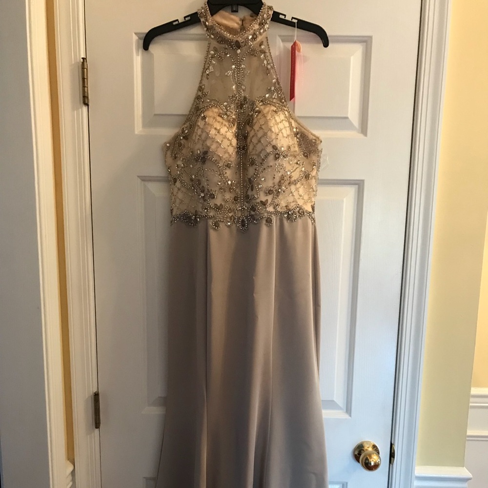 grey high neck prom dress